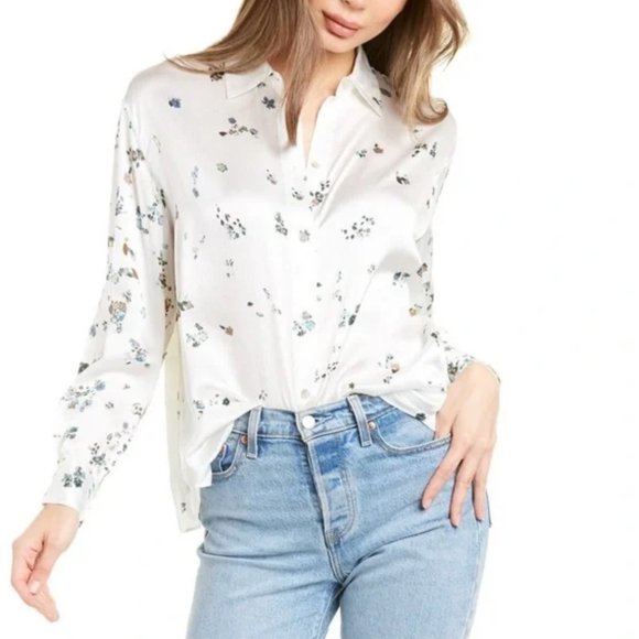 Vince Scattered Floral Silk Long-Sleeve Blouse - Medium - Picture 13 of 14